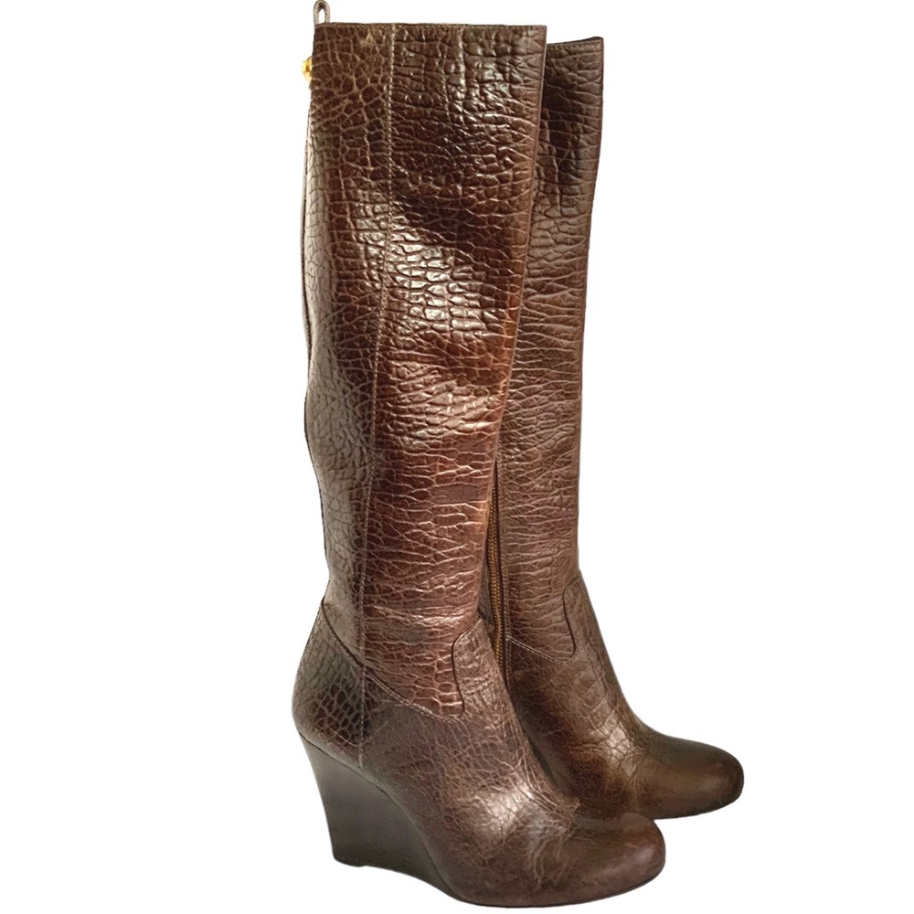 Tory Burch Dabney Wedge Tall Knee Brown Pebbled Leather Boots 8